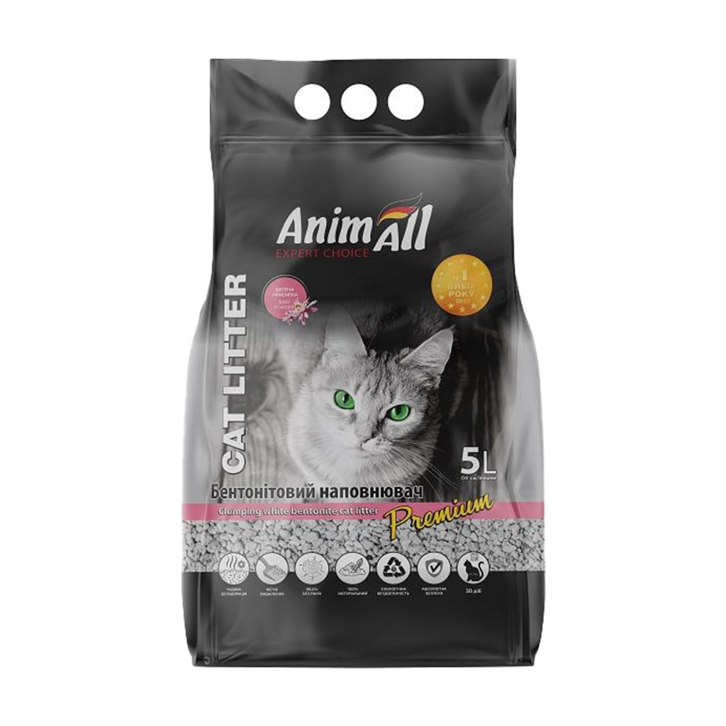 Уцінка! Бентонітовий наповнювач для котячого туалету AnimAll Premium білий, з ароматом дитячої присипки, 5 л